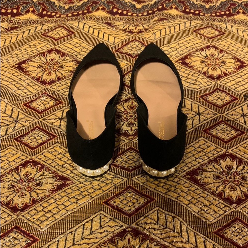 Black Suede Flats with Pearl Embellished Heel